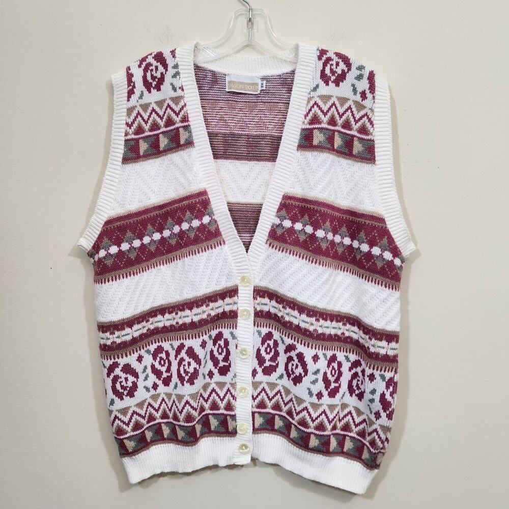 Vintage Season Ticket button front floral v-neck sweater vest‎ woman's size 2XL